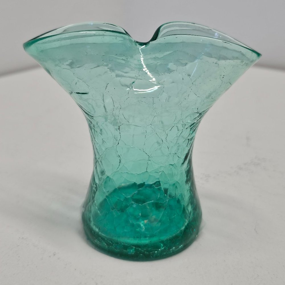 Blenko Blue Crackle Glass Pinched Vase